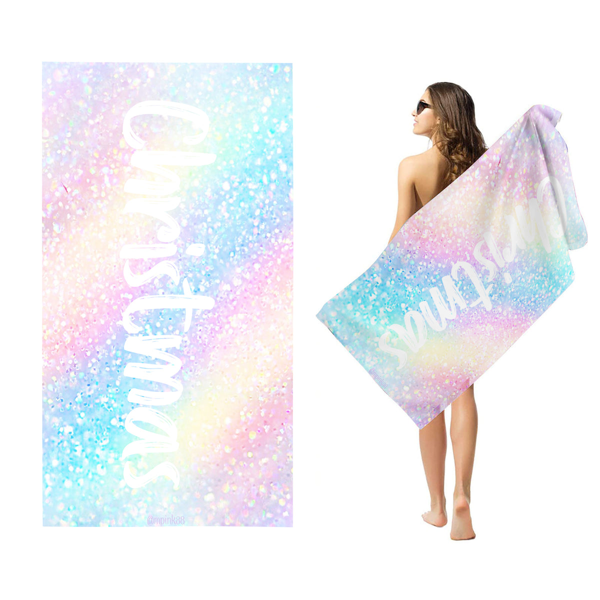 Colorful Sparkling Personalized Name Beach Towel for Women Adult Gifts