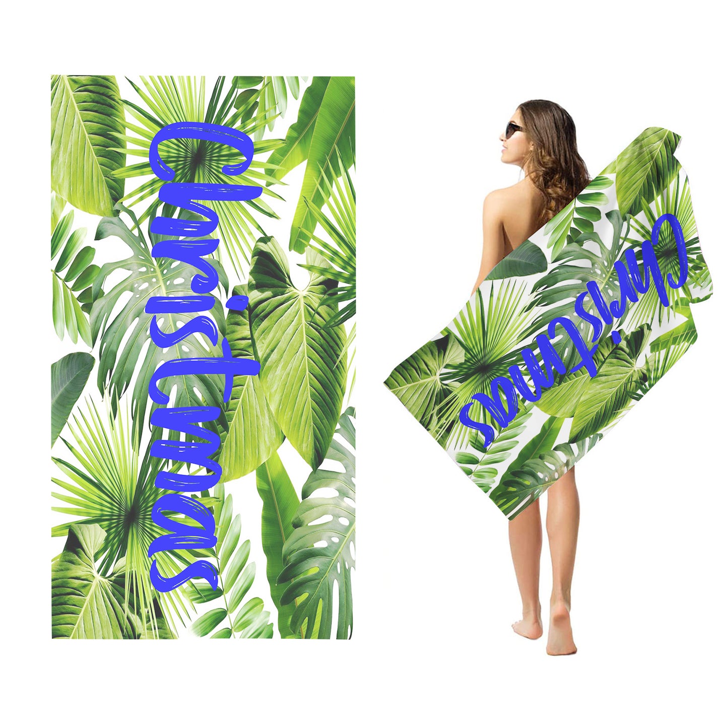 Personalized Name Beach Towel Tropical Plants Palm Leaves Style