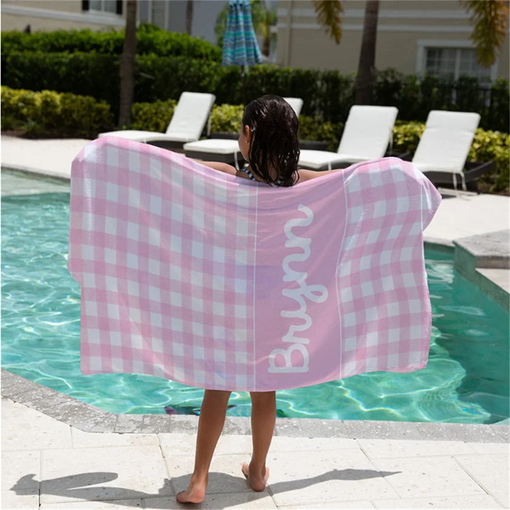 Colorful Grid Name Beach Towel Font Personalized Beach Towel Bath Towel Multi-Color Pool Name Towel Bath Towel