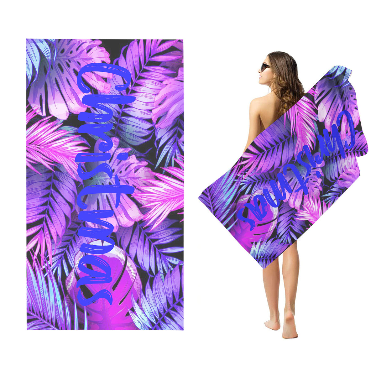 Personalized Name Beach Towel Tropical Plants Palm Leaves Style