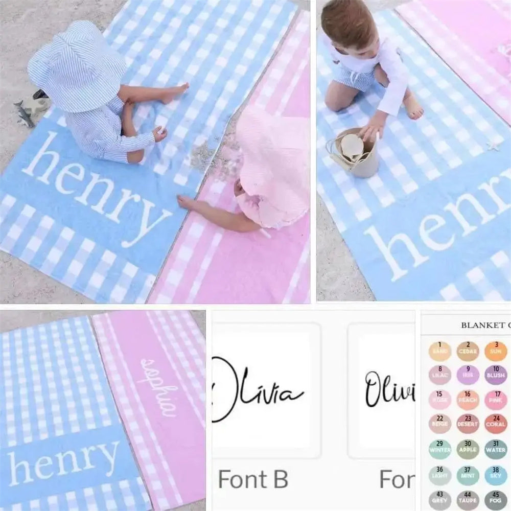 Colorful Grid Name Beach Towel Font Personalized Beach Towel Bath Towel Multi-Color Pool Name Towel Bath Towel